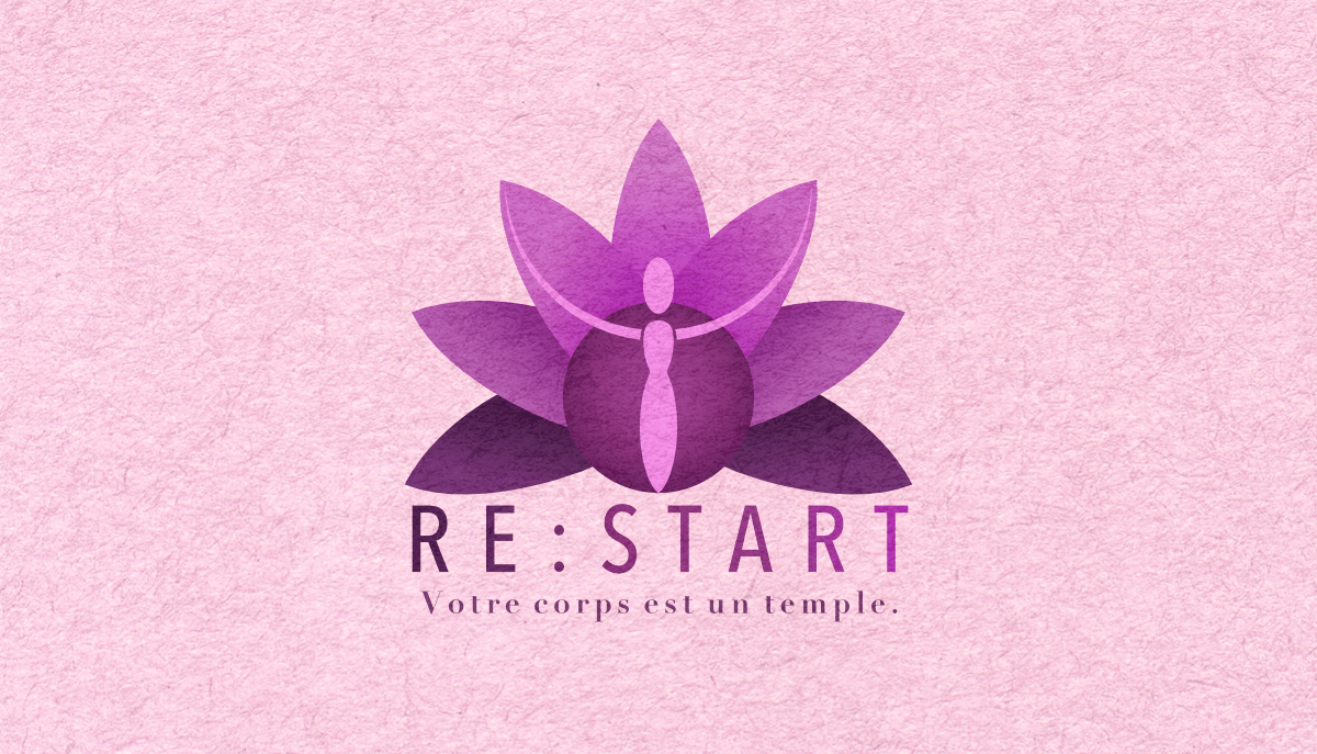 Logo Re:Start créé pour la bannière, un lotus aux nuances violettes/mauves avec une silhouette féminine au centre bras ouverts. Le slogan : « Votre corps est un temple »